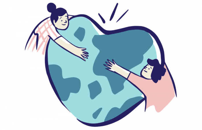 Two people reaching around a heart